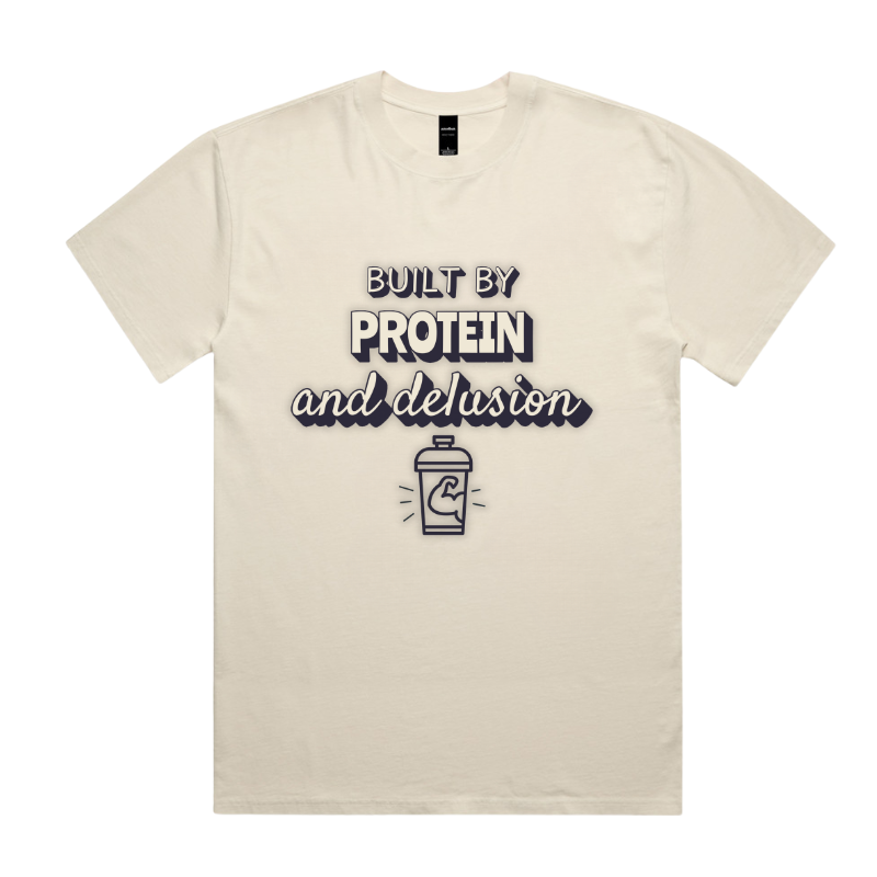 BUILT BY PROTEIN & DELUSION – Unisex Oversized Pumpcover Tee