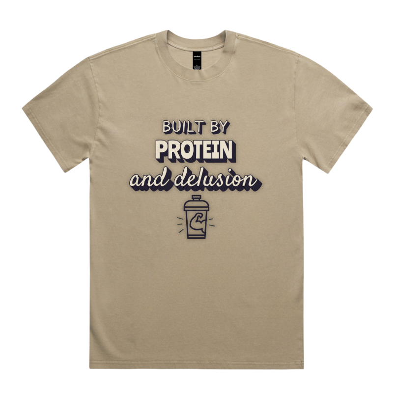 BUILT BY PROTEIN & DELUSION – Unisex Oversized Pumpcover Tee