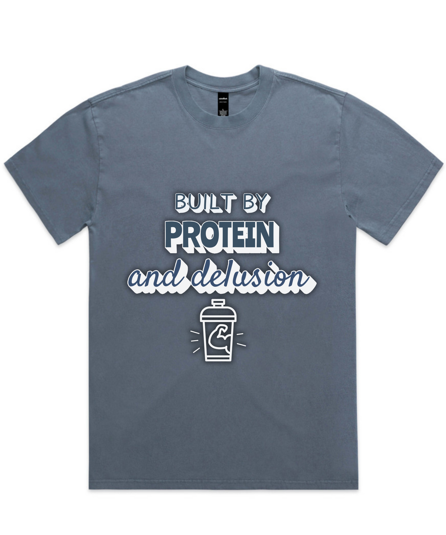 ”BUILT BY PROTEIN & DELUSION” – Unisex Oversized Pumpcover Tee